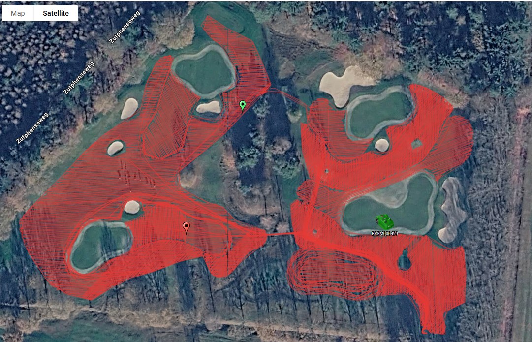 Digitale kaart met maaipaden van een BM-850 op een golfoefenbaan