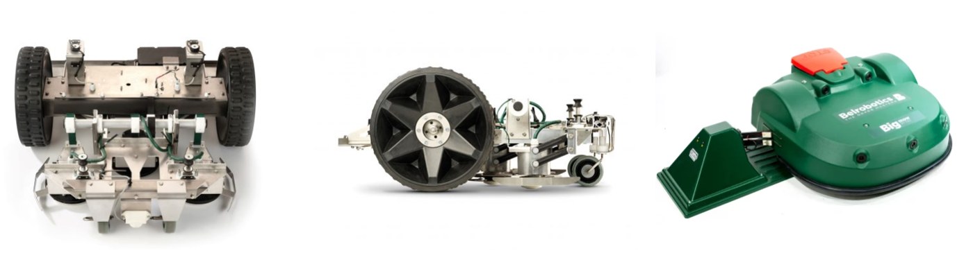 BM-1050 chassis, grote wielen en complete robot bij een laadstation