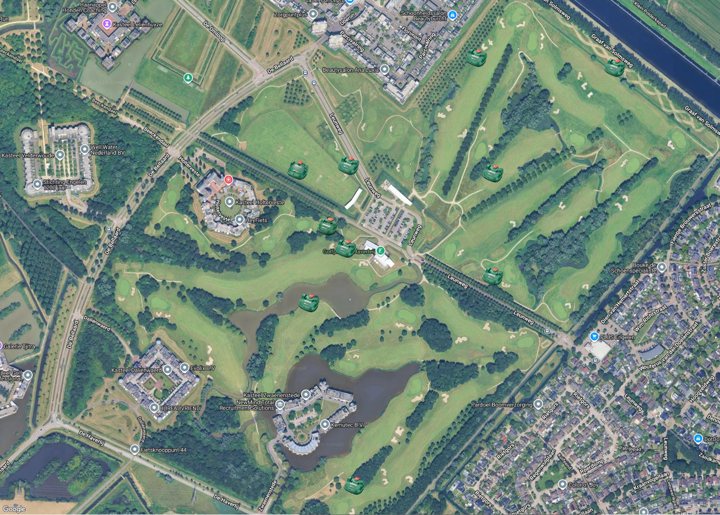 Overzicht Golfbaan Haverleij met robotlocaties verspreid over de baan